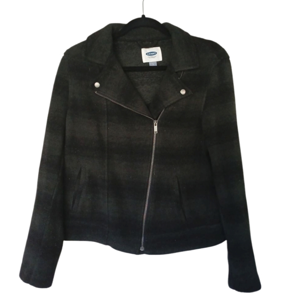 Old Navy Green And Black Motorcycle Style Fleece Jacket Size Large